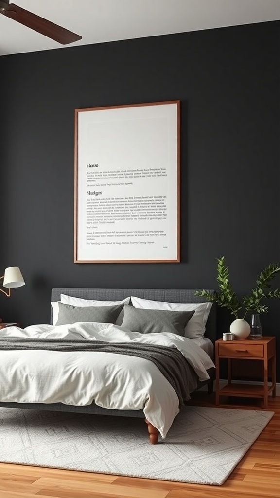 A cozy bedroom featuring a dark accent wall, framed art, and a mix of bedding textures.