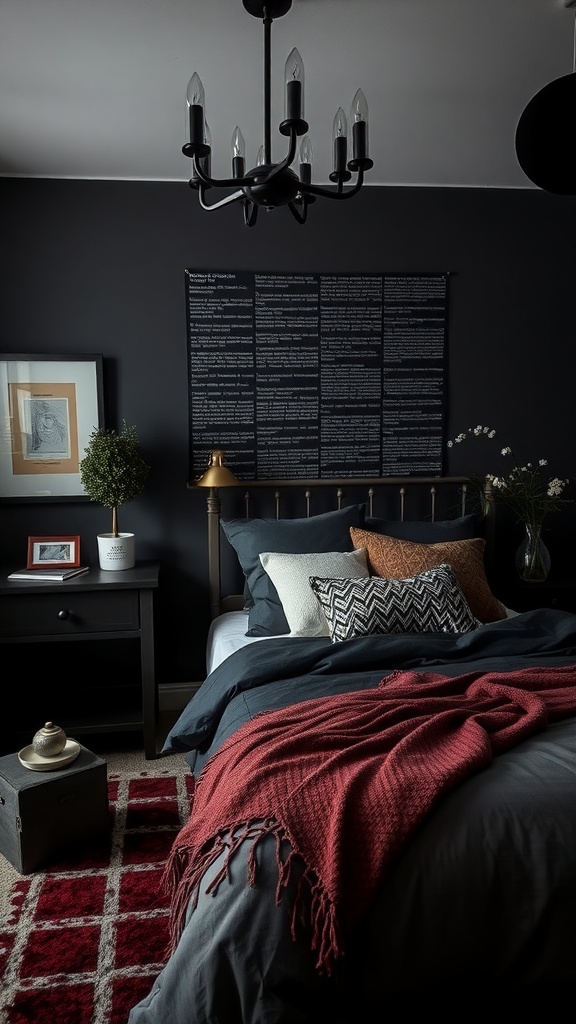 A dark-themed bedroom featuring a chandelier, cozy bedding, and stylish accessories.