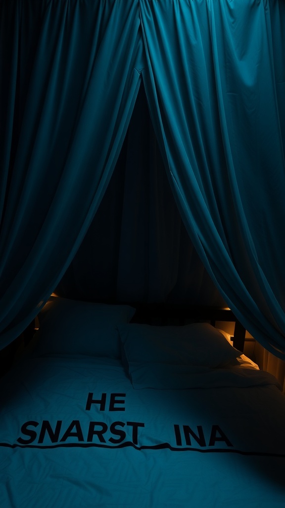A dark-themed bed canopy with soft lighting and unique bedding.
