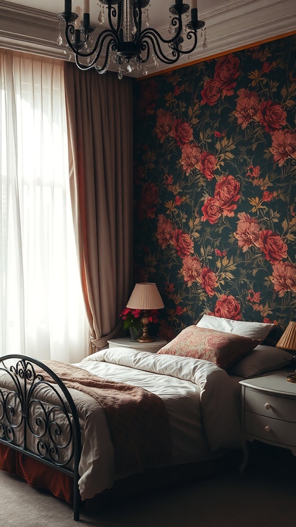 A cozy bedroom featuring dark floral wallpaper with roses, a chandelier, and soft bedding.
