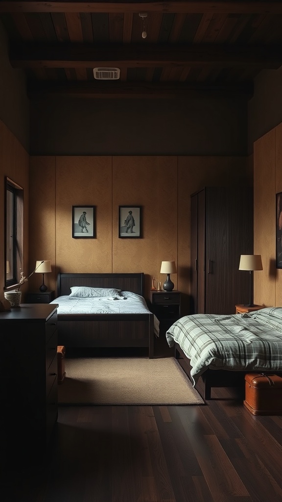 A cozy bedroom featuring dark wood furniture, wooden beams, and soft lighting.