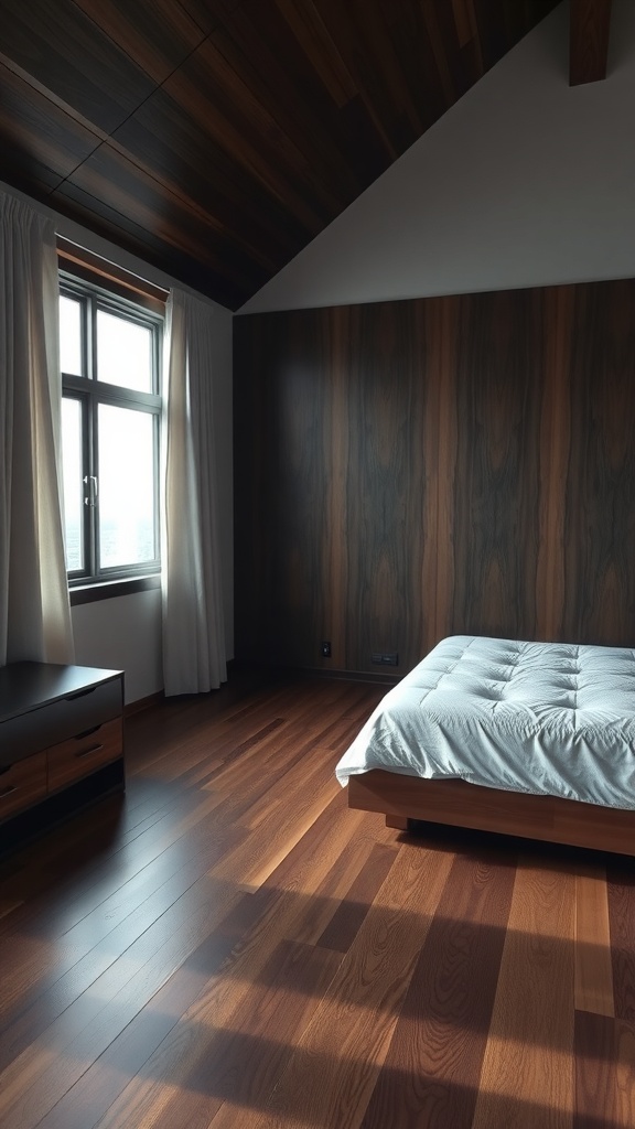 A bedroom featuring dark wood flooring, complemented by dark wood walls and a simple bed.