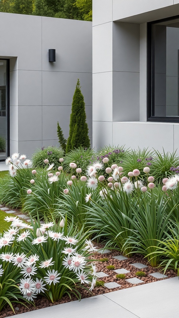 A modern garden featuring alliums with sleek architecture in the background.