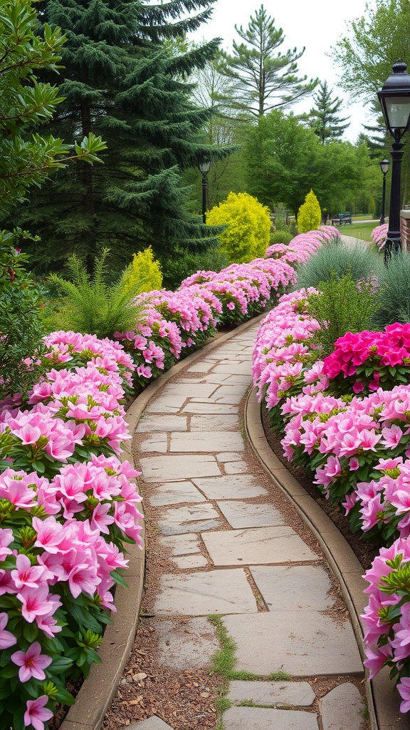 A winding stone pathway lined with pink azaleas and greenery.