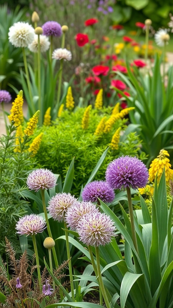 A vibrant garden featuring various alliums in purple, white, and yellow colors.