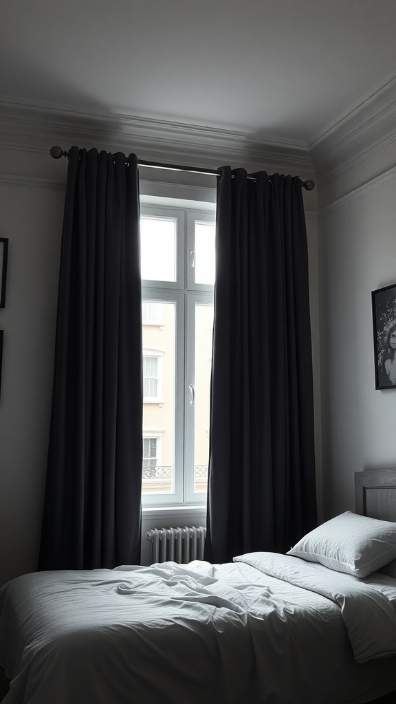 A bedroom featuring dark curtains framing a window, with a neatly made bed and soft lighting.