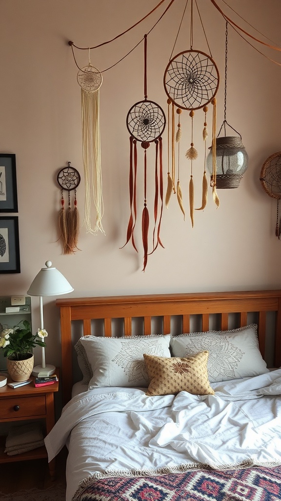 A cozy bohemian bedroom featuring multiple dreamcatchers hanging above a bed with white linens and decorative pillows.