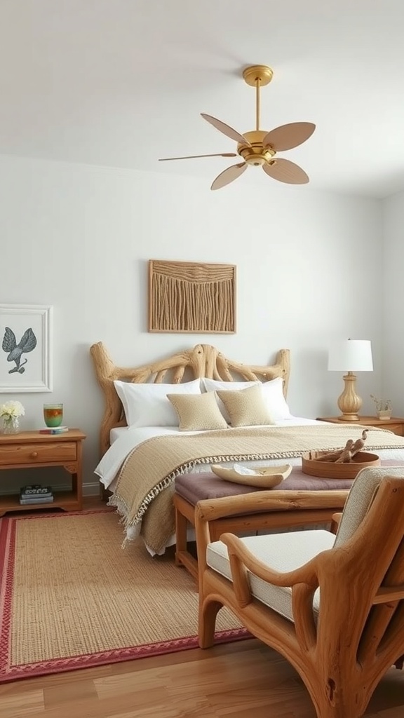 Coastal bedroom featuring driftwood furniture, soft bedding, and natural decor.