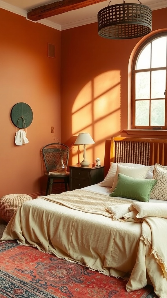A boho bedroom with earthy tones, featuring terracotta walls, a cozy bed, and natural decor.