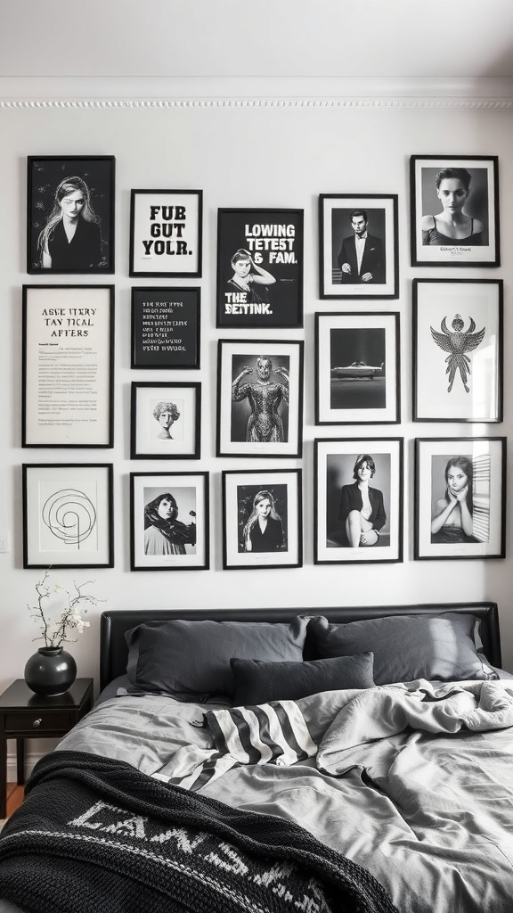 Eclectic art display on a bedroom wall featuring various black and white framed artworks.