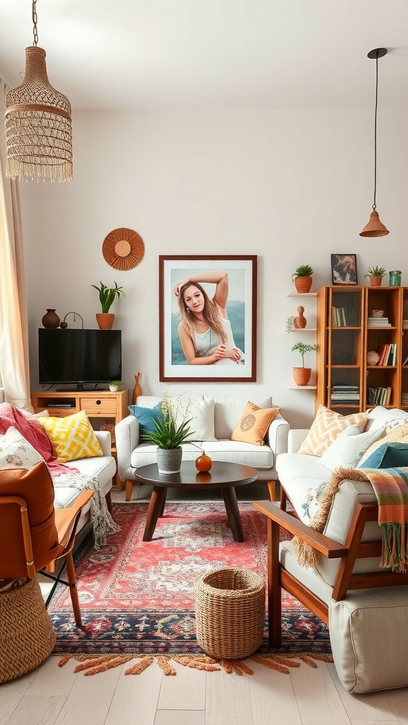 A cozy boho living room featuring eclectic furniture arrangements with colorful pillows, plants, and art.