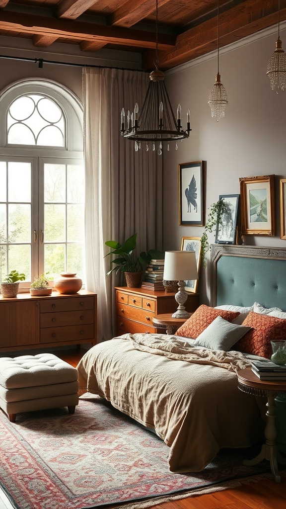 A cozy bedroom featuring a mix of modern and antique decor, with wooden beams, a chandelier, and soft linens.