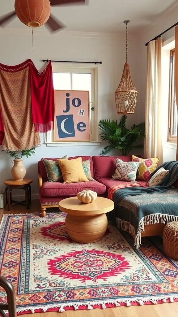 A cozy boho living room featuring a red couch, patterned cushions, a colorful rug, and natural decor elements.