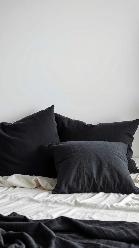 A cozy bed with various black throw pillows, showcasing a dark feminine aesthetic.