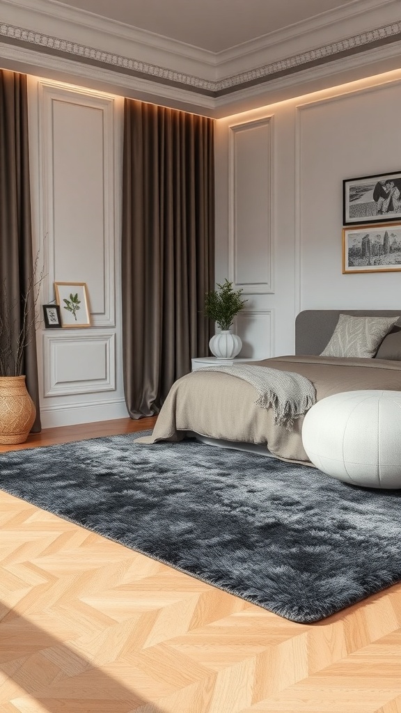 A dark area rug on a light wooden floor in a stylish bedroom