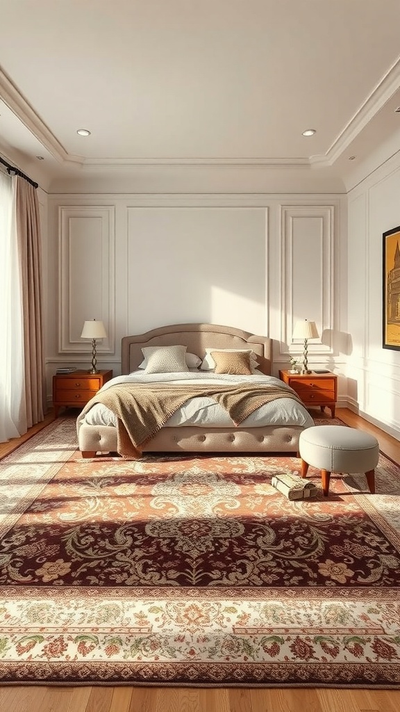A cozy bedroom featuring a large ornate area rug, a plush bed, and warm wooden furniture.