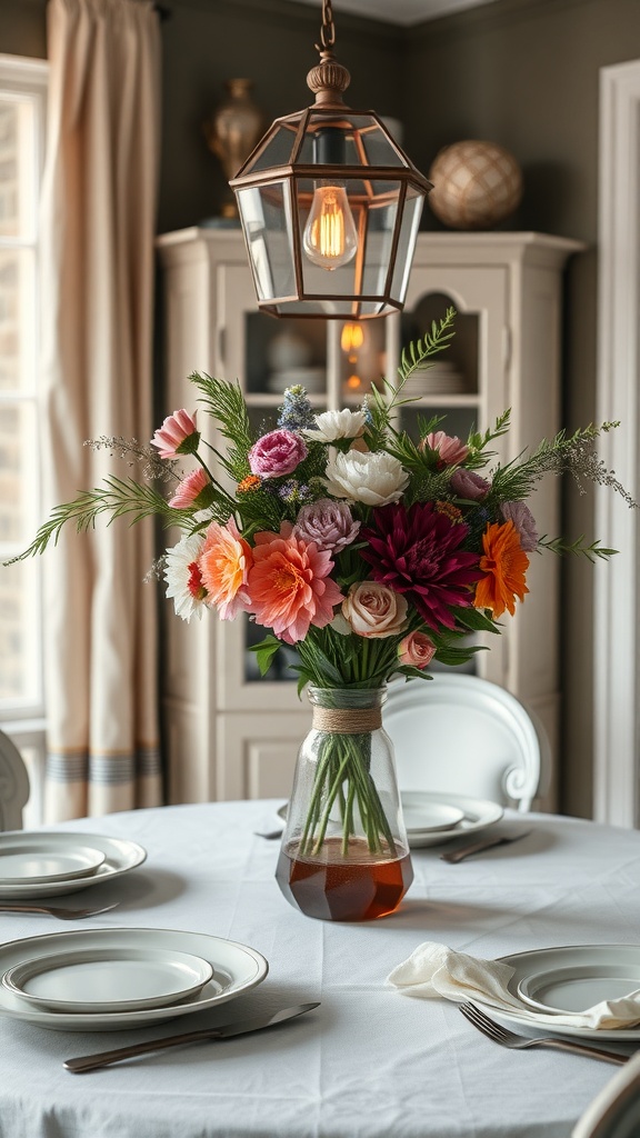 A beautiful floral centerpiece featuring vibrant flowers in a clear vase, set on a farmhouse breakfast nook table with elegant tableware.