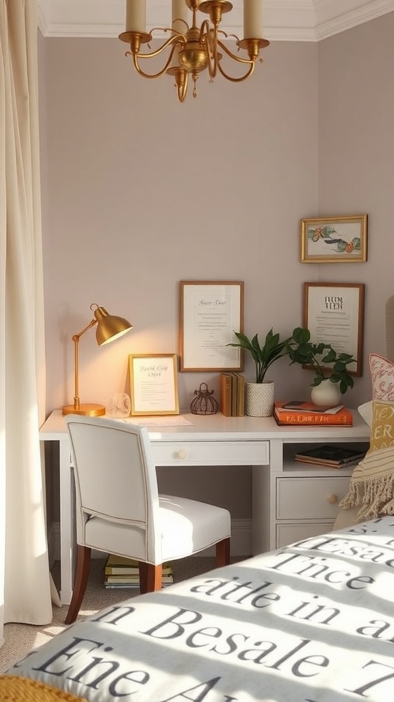 A cozy desk nook with a white desk, a stylish lamp, framed art, and a small plant, creating an inviting workspace.