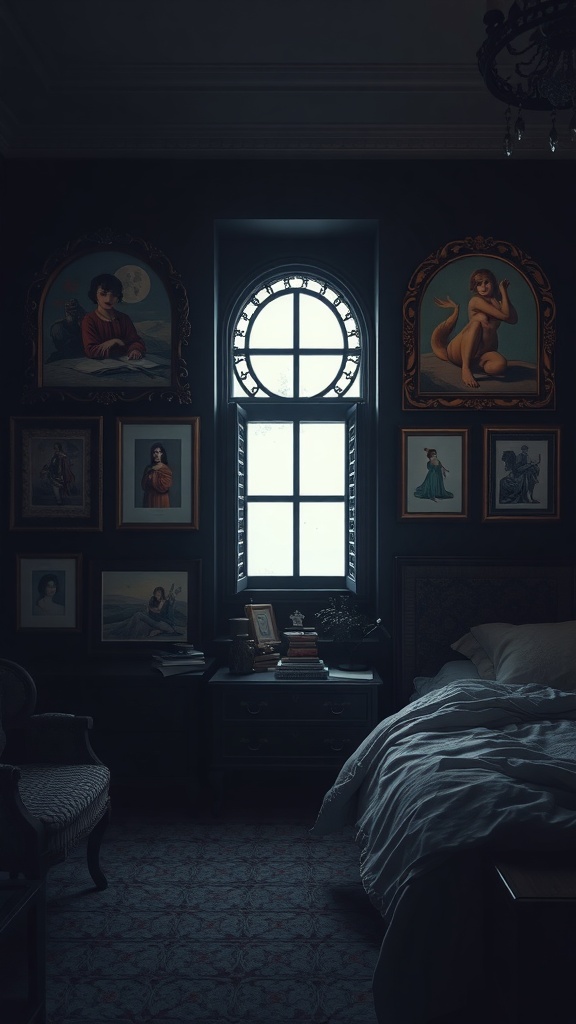 A dark feminine bedroom featuring elegant wall art frames and a cozy atmosphere.