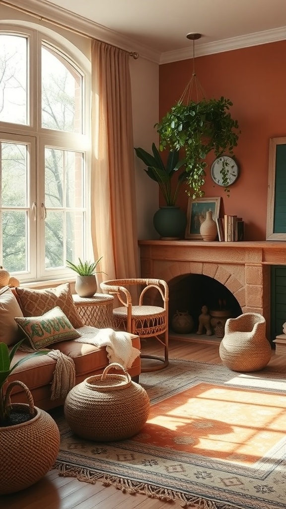 A boho living room featuring earthy tones, a cozy sofa, plants, and natural light.