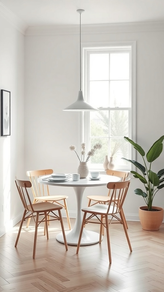 A minimalist breakfast nook featuring a round table, wooden chairs, and a potted plant, with natural light coming through a large window.