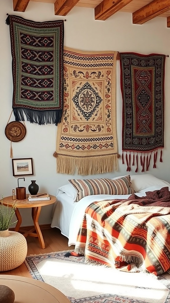 A boho bedroom featuring ethnic textiles on the walls and bed, creating a cozy and inviting atmosphere.
