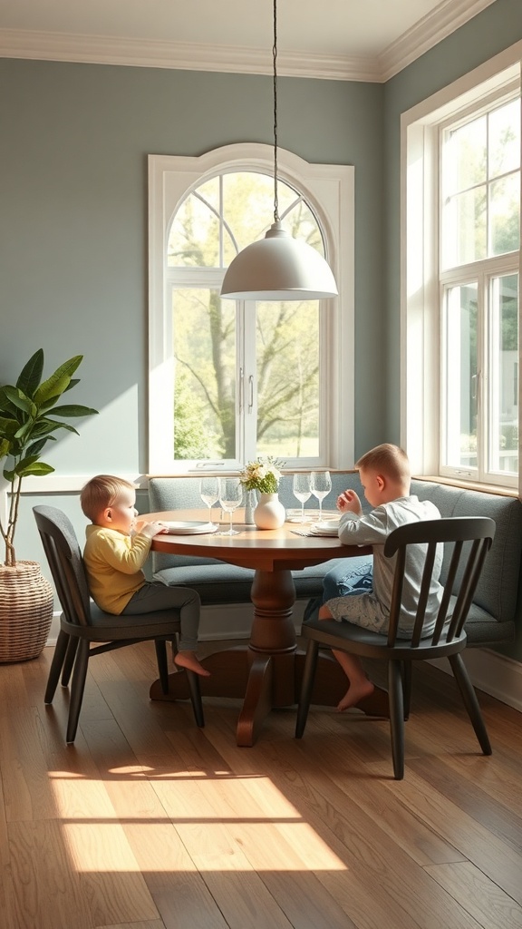 Two children sitting at a round table in a cozy breakfast nook with natural light.