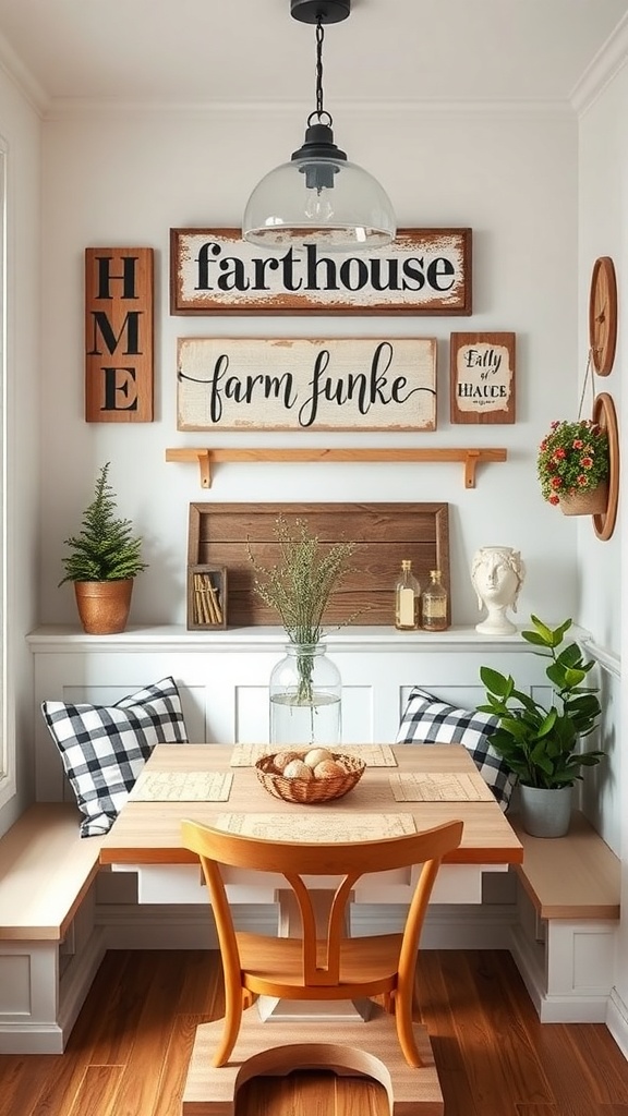 A cozy farmhouse breakfast nook with wooden wall decor, including signs and plants.