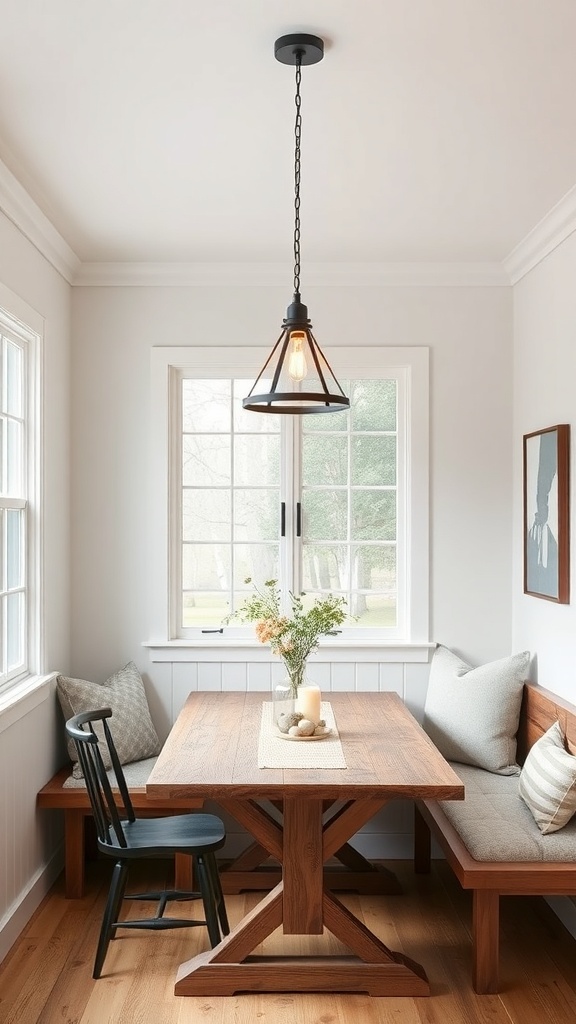 A cozy farmhouse breakfast nook with a pendant light above a wooden table.