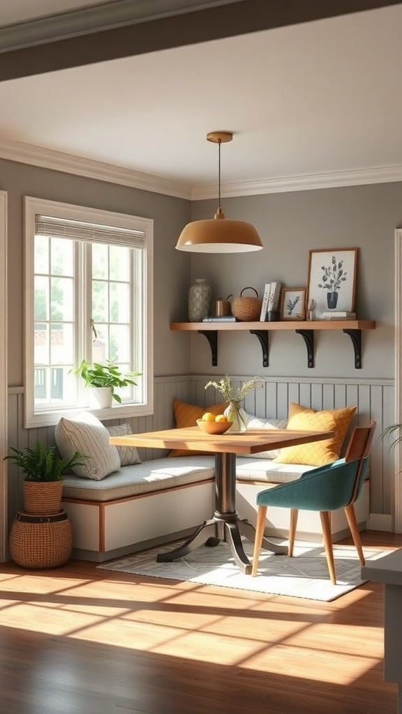 A cozy farmhouse breakfast nook featuring a round wooden table, teal chair, and built-in bench with cushions, illuminated by natural light.