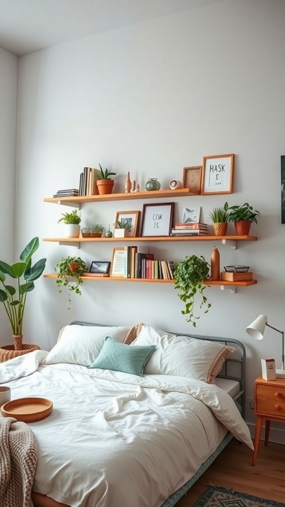 A cozy boho bedroom featuring floating shelves with plants and books.