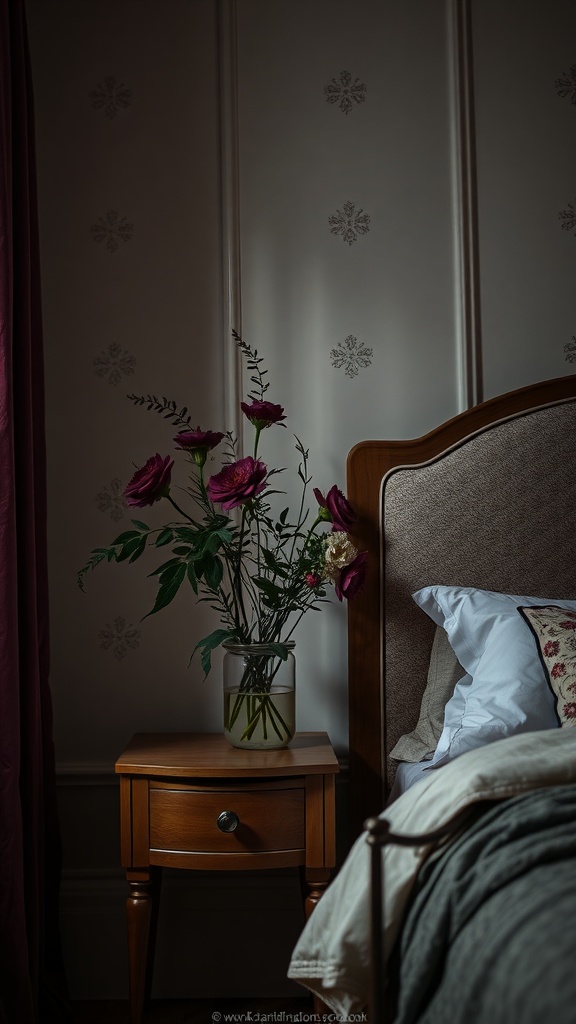 A dark feminine bedroom featuring a bedside table with a vase of deep-hued flowers, complemented by soft bedding and warm wood furniture.