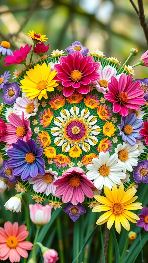 A vibrant floral mandala art featuring an array of colorful flowers in a circular design.