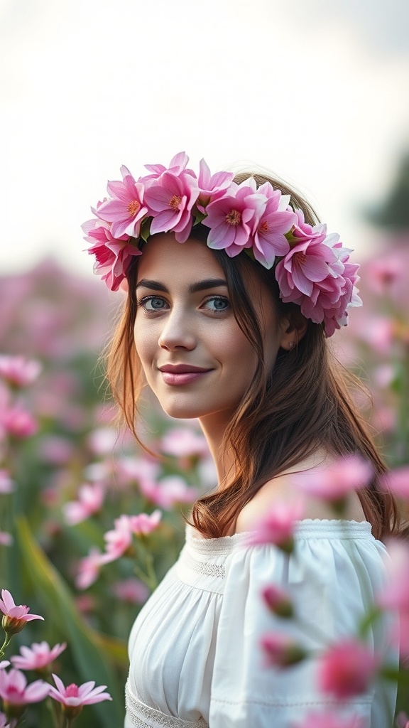 A young woman with a flower crown made of pink flowers, smiling in a field of pink flowers.