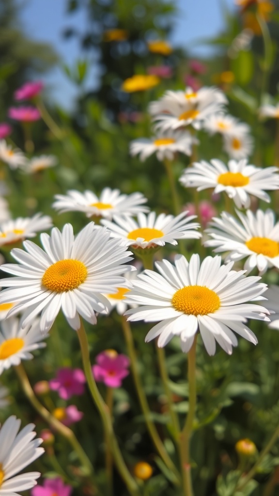 A field of freshly bloomed daisies with white petals and yellow centers, surrounded by colorful flowers.