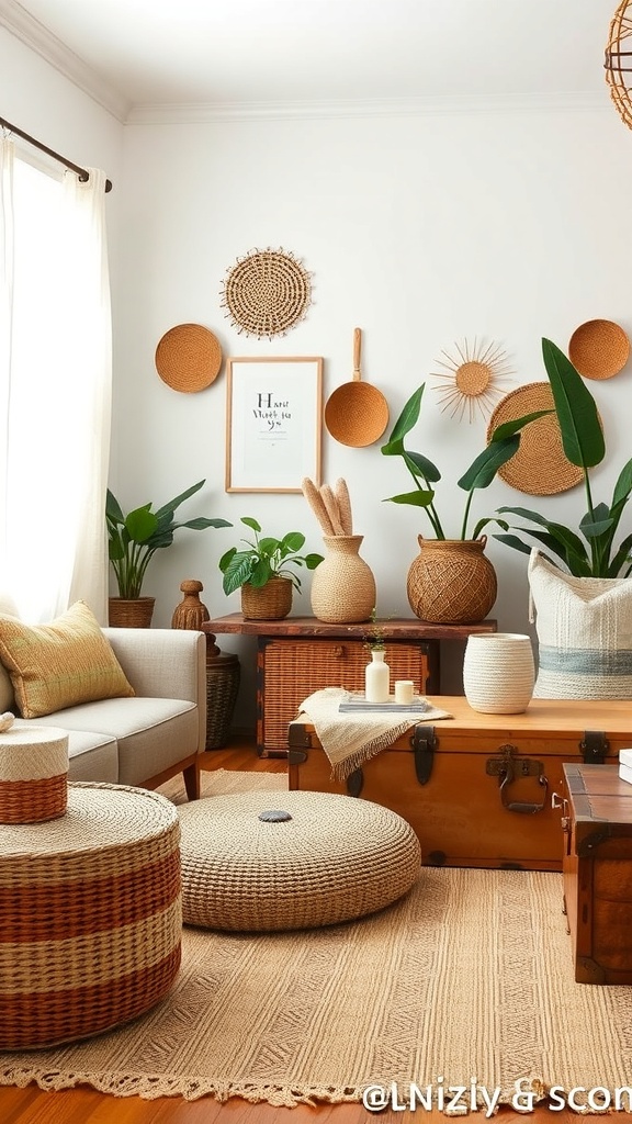 A boho living room featuring stylish storage solutions like woven baskets, a large trunk, and decorative plants.