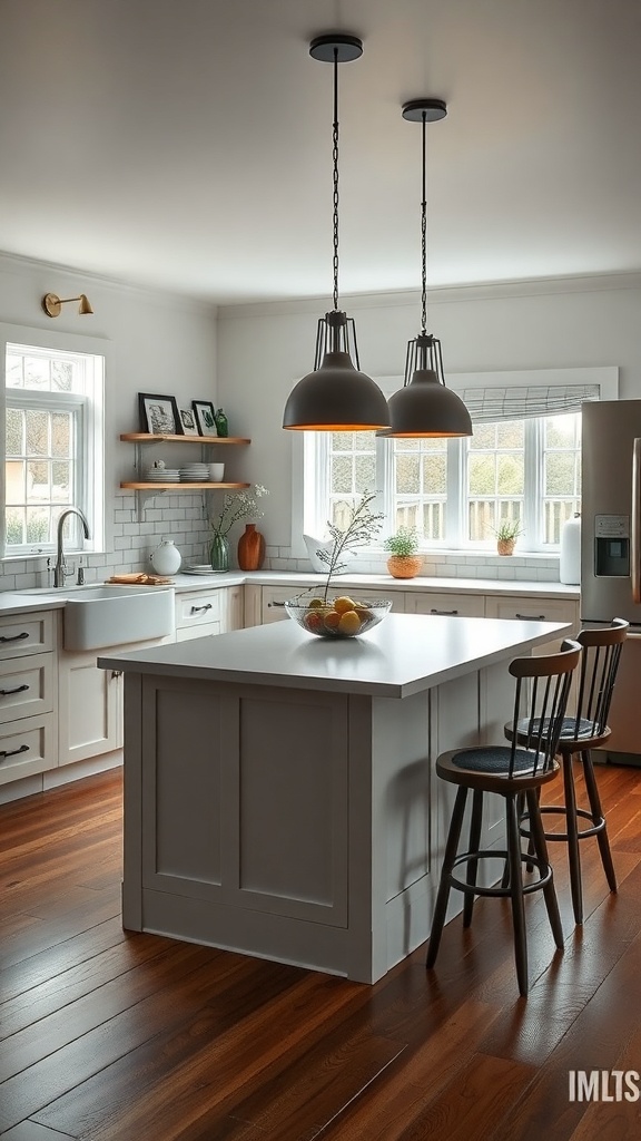 A modern kitchen with a functional island and breakfast bar, featuring wooden floors and natural light.