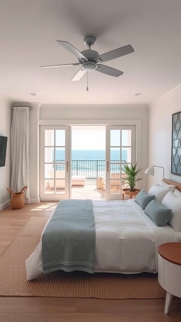 A bright coastal bedroom with a view of the ocean and a cozy outdoor space.