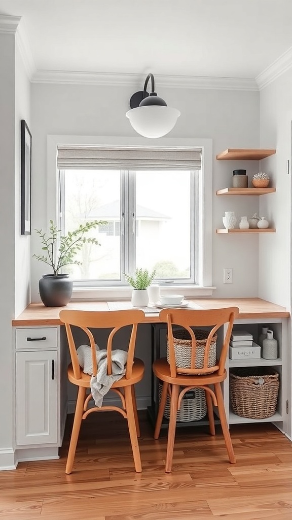 A cozy breakfast nook with a wooden table, two chairs, and open shelves displaying decor and storage baskets.