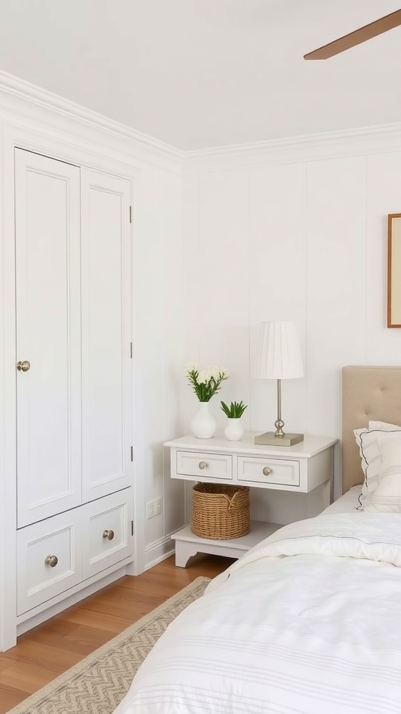 A coastal bedroom featuring a built-in closet and a nightstand with storage options.