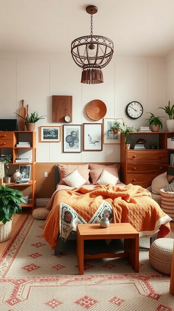 A cozy boho bedroom featuring a bed with an orange blanket, wooden shelves, plants, and a unique chandelier.