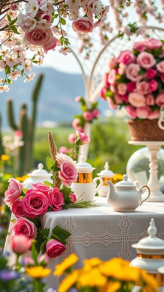 A beautifully arranged garden tea party table with pink roses, a teapot, and a scenic backdrop.