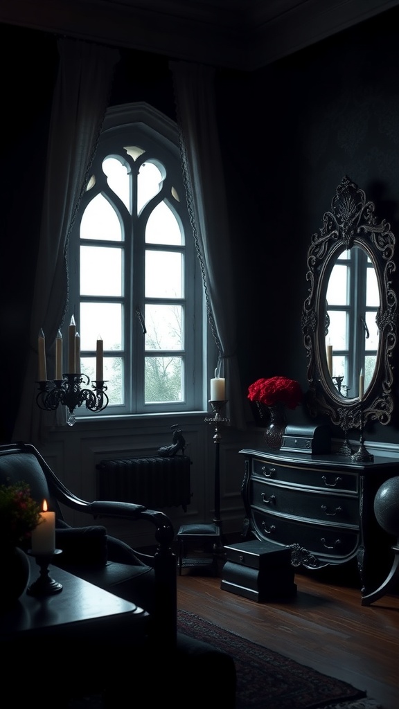 A gothic-inspired bedroom featuring dark furniture, a large arched window, candles, and a vintage mirror.