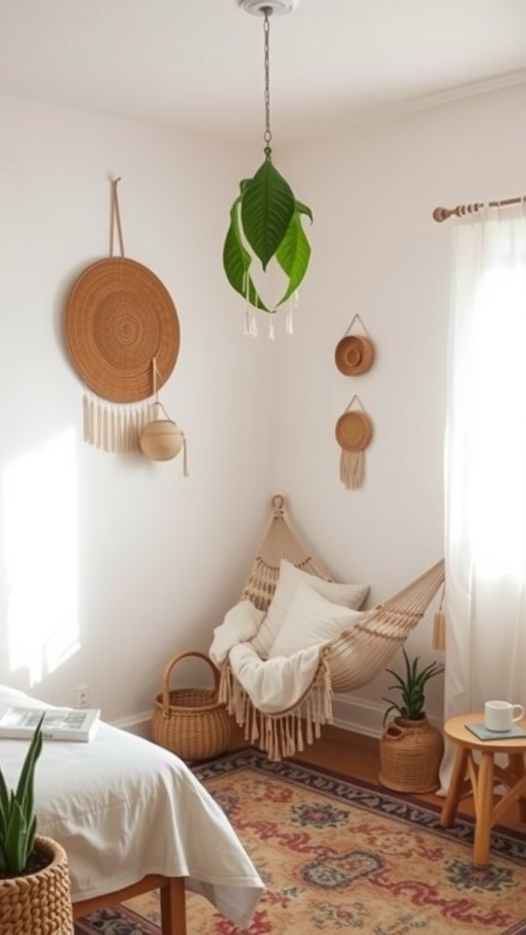 A cozy boho bedroom featuring a hammock in the corner, surrounded by natural decor elements.