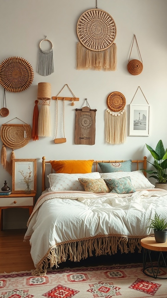 A boho bedroom featuring a bed with colorful pillows, a woven wall art display, and a cozy rug.