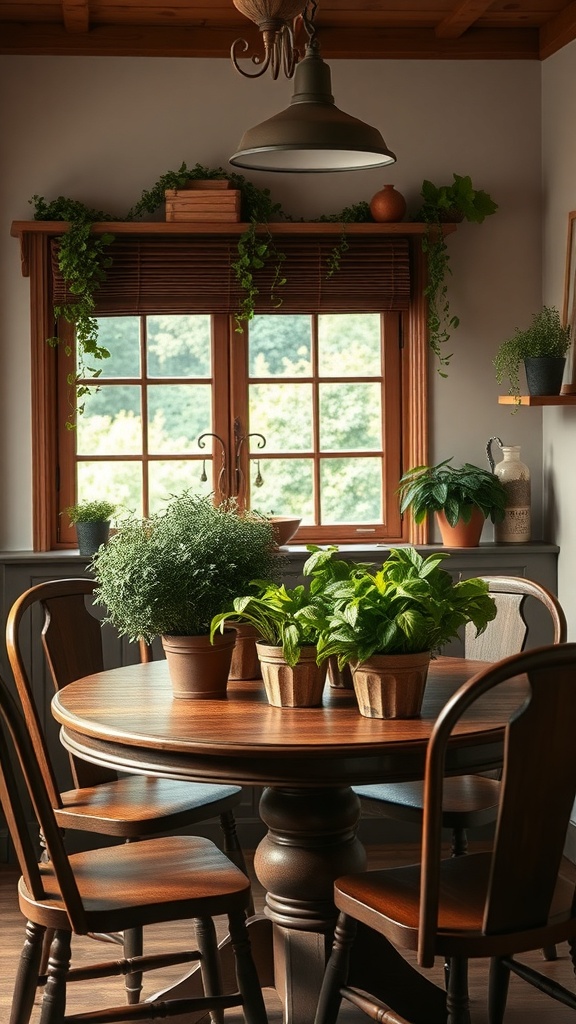 A cozy breakfast nook with a round wooden table and potted herbs as a centerpiece.