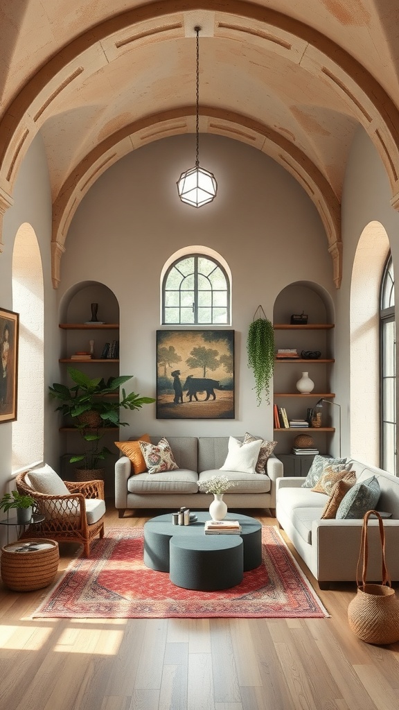 A boho living room with vaulted ceiling, arched windows, and cozy furnishings.