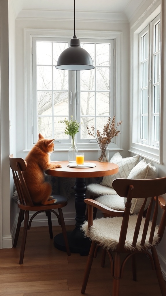 A cozy breakfast nook with a cat sitting at a small round table, looking out the window.