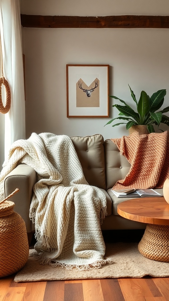 A cozy boho living room featuring a sofa with cream and rust-colored throws, a potted plant, and a wooden coffee table.
