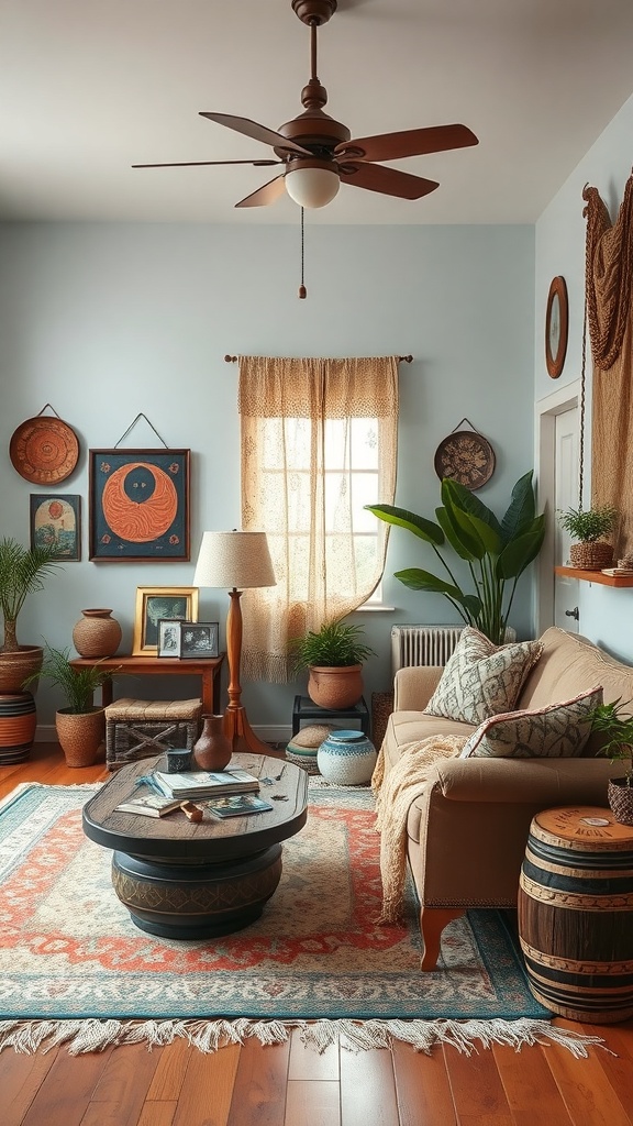 A cozy boho living room with cultural artifacts, plants, and warm colors.
